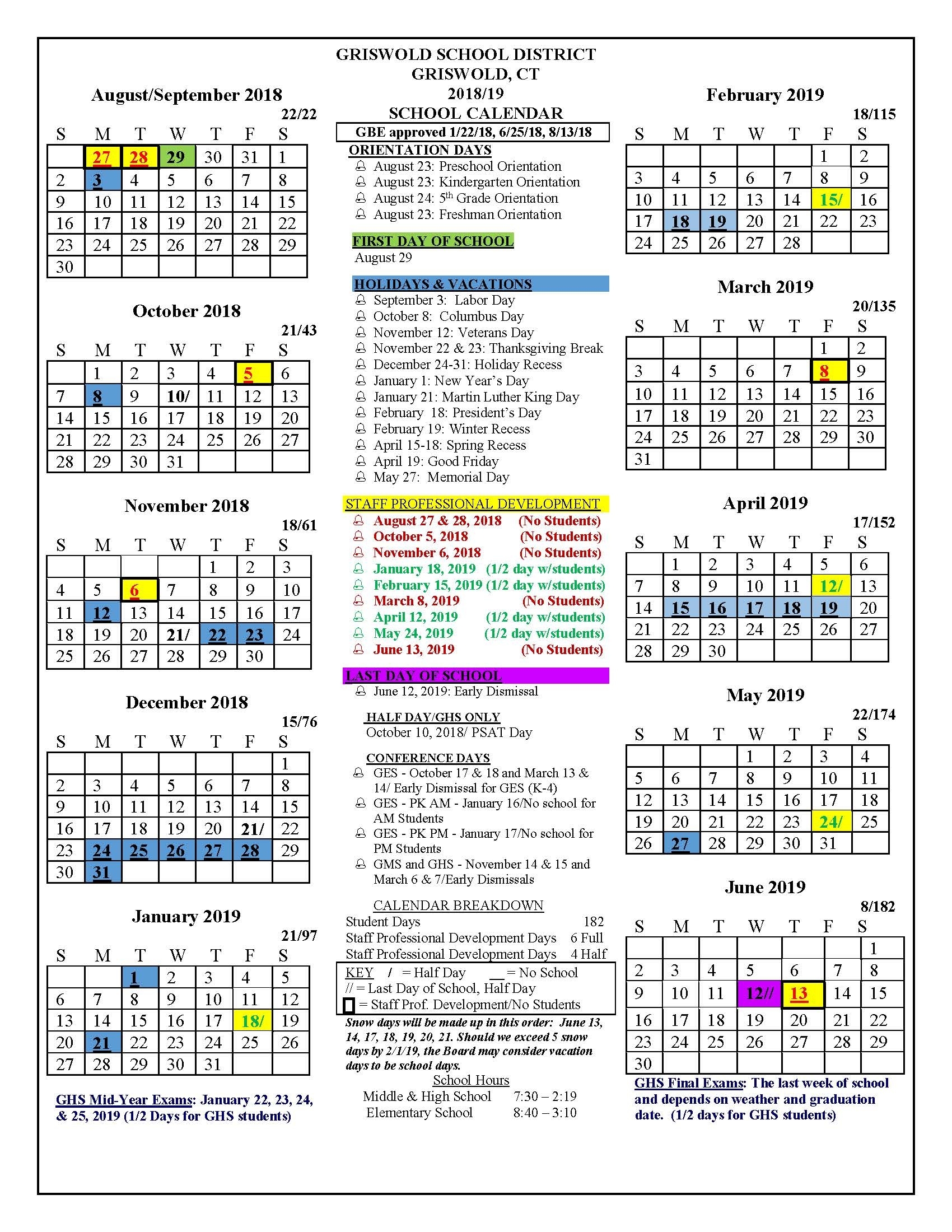 Board Approved Academic Calendar - Griswold Public Schools Extraordinary 2020 School Calendar Kzn