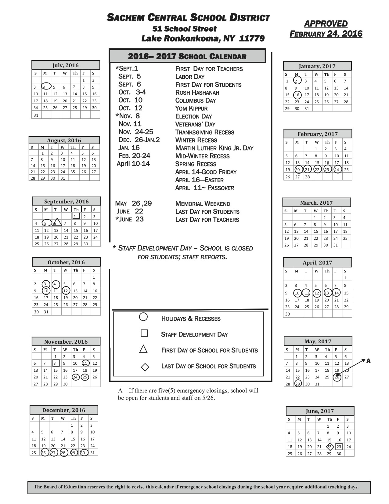 Board Approves 2016-2017 Sachem Calendar | Sachem Report Impressive School Calendar District 34
