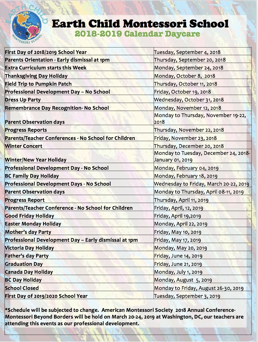 Calendar - Earth Child Montessori School Incredible Washington D.c. School Calendar