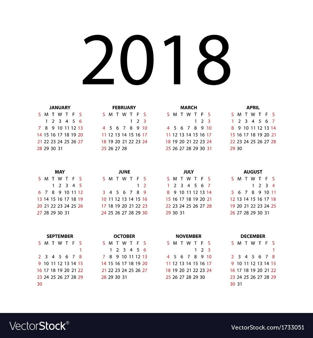 Calendar For 2018 Royalty Free Vector Image - Vectorstock Monthly Calendar Vector Free Download