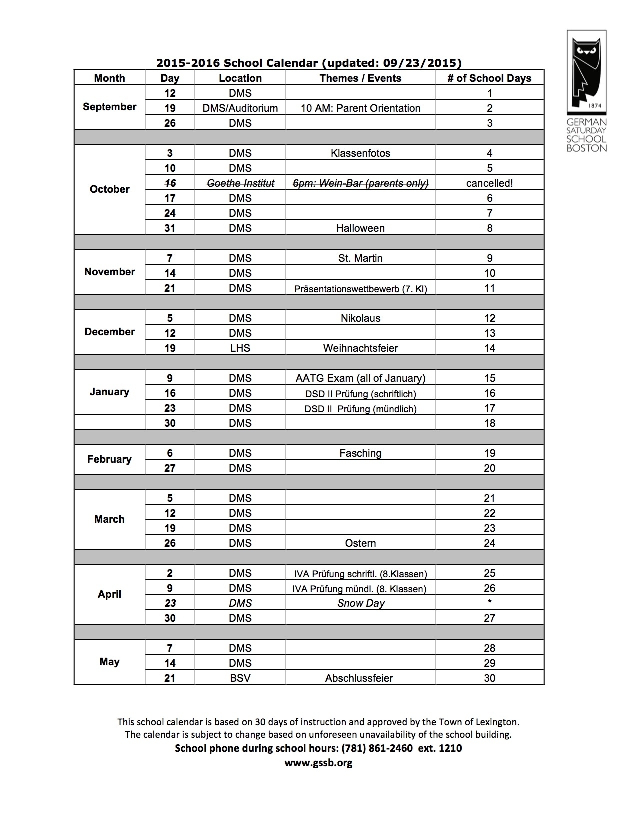 Calendar – German Saturday School Boston Lexington 2 School Calendar