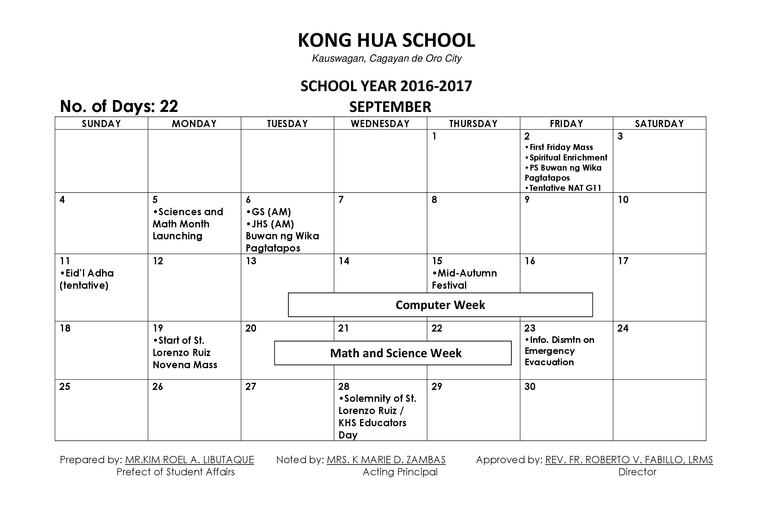 Calendar Of Activities School Year 2016 – 2017 | Kong Hua School Impressive School Calendar Of Activities