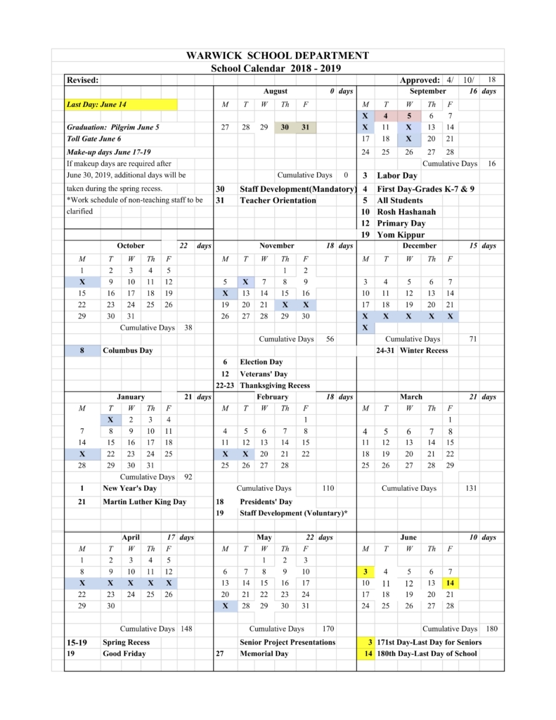Calendar &amp; Schedules | Warwick Public Schools Exceptional T/e Middle School Calendar