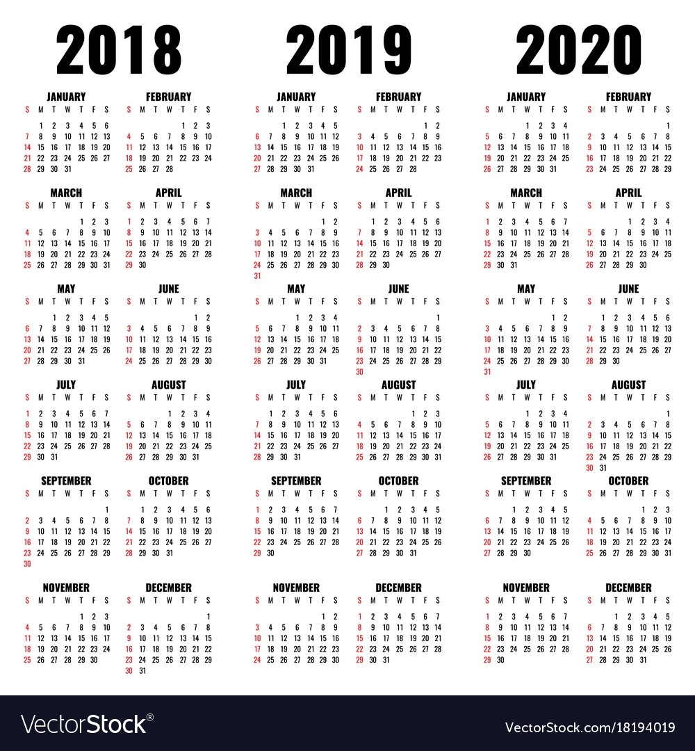 Calendar Template 2018 2019 And 2020 Years Vector Image 2020 Calendar Template Illustrator