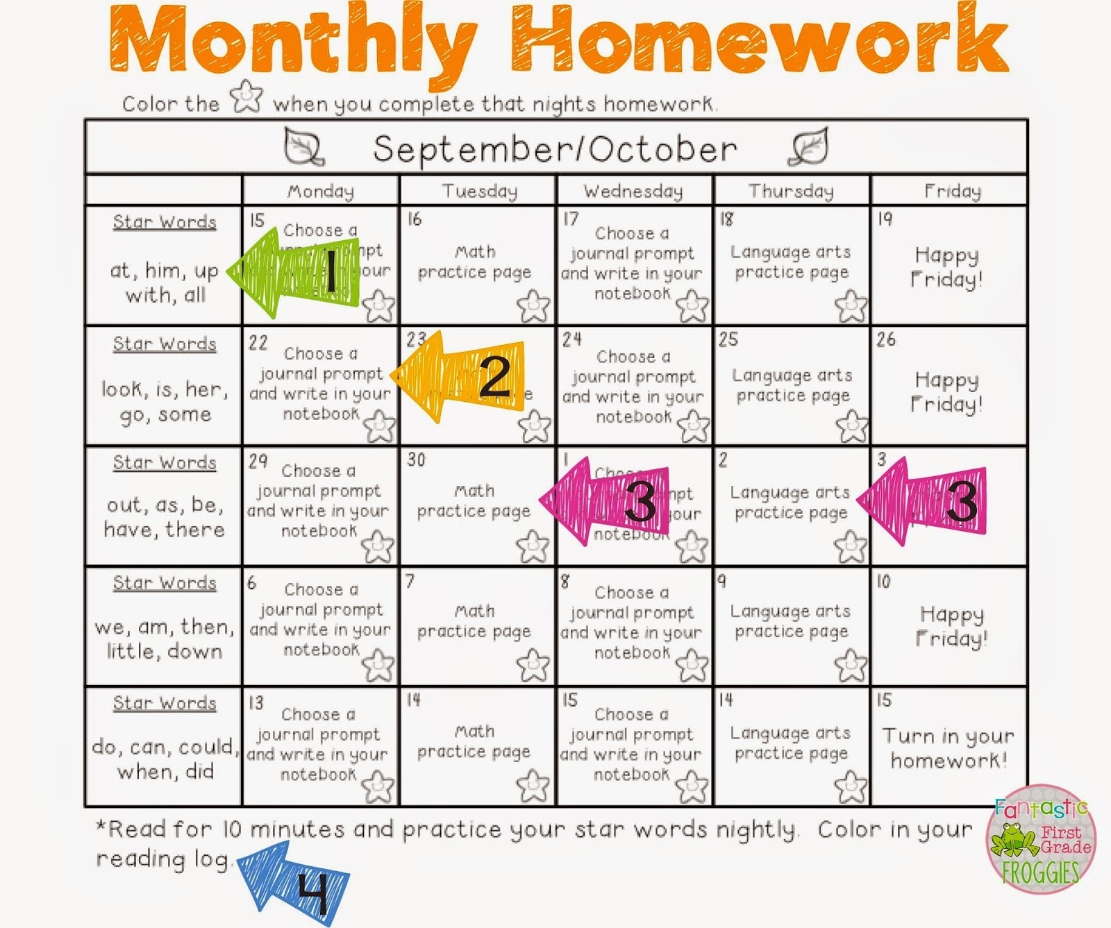 PreK Monthly Homework Calendar Printable Blank Calendar Template