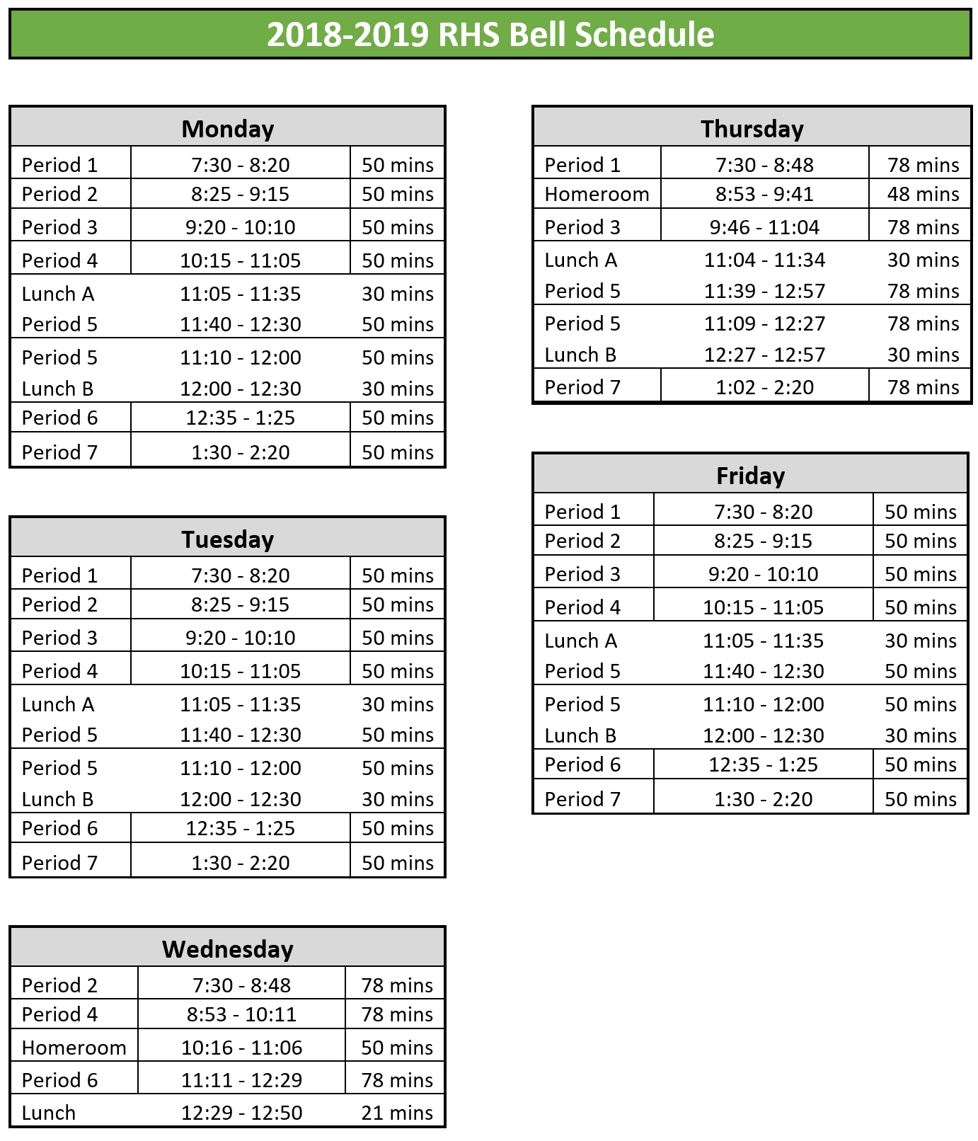 Daily Schedule - Redmond High School Perky Calendar Seattle School District