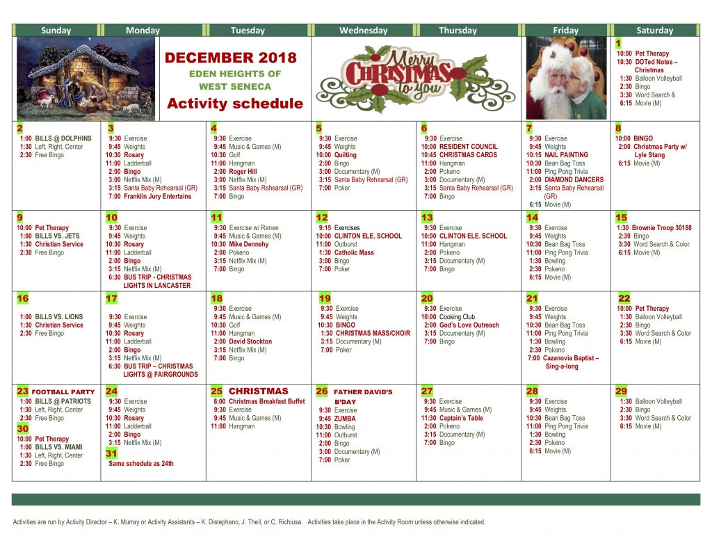 December 2018 Calendar - Premier Senior Living, Llc Dashing Eden 2 School Calendar