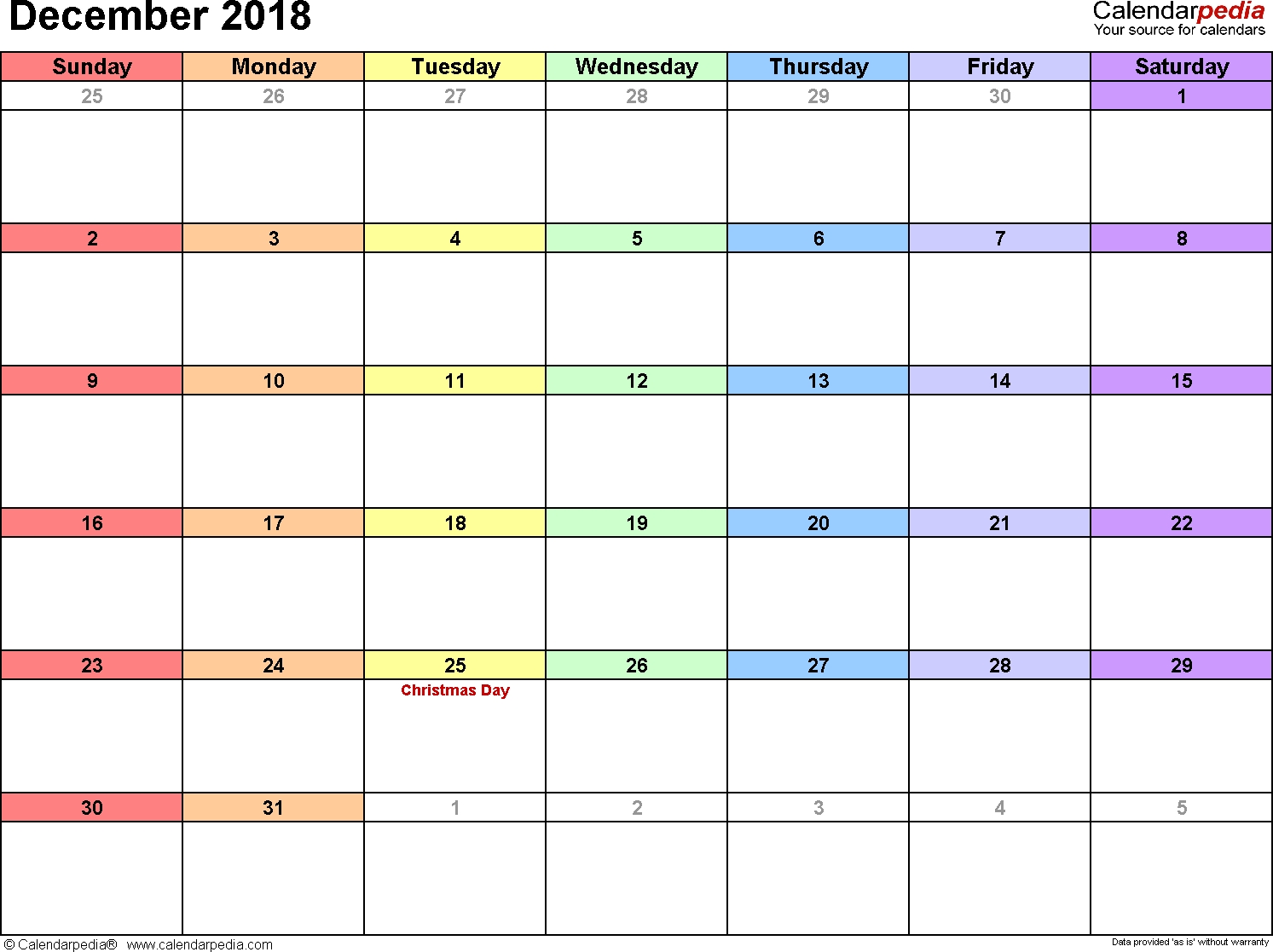 December 2018 Calendars For Word, Excel &amp; Pdf Monthly Calendar Of December