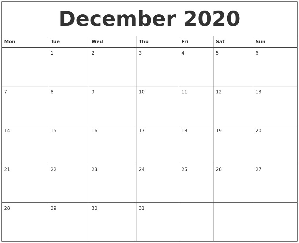 December Calendar 2020 Printable December 2020 Calendar Month Dashing Printable 2020 Calendar By Month