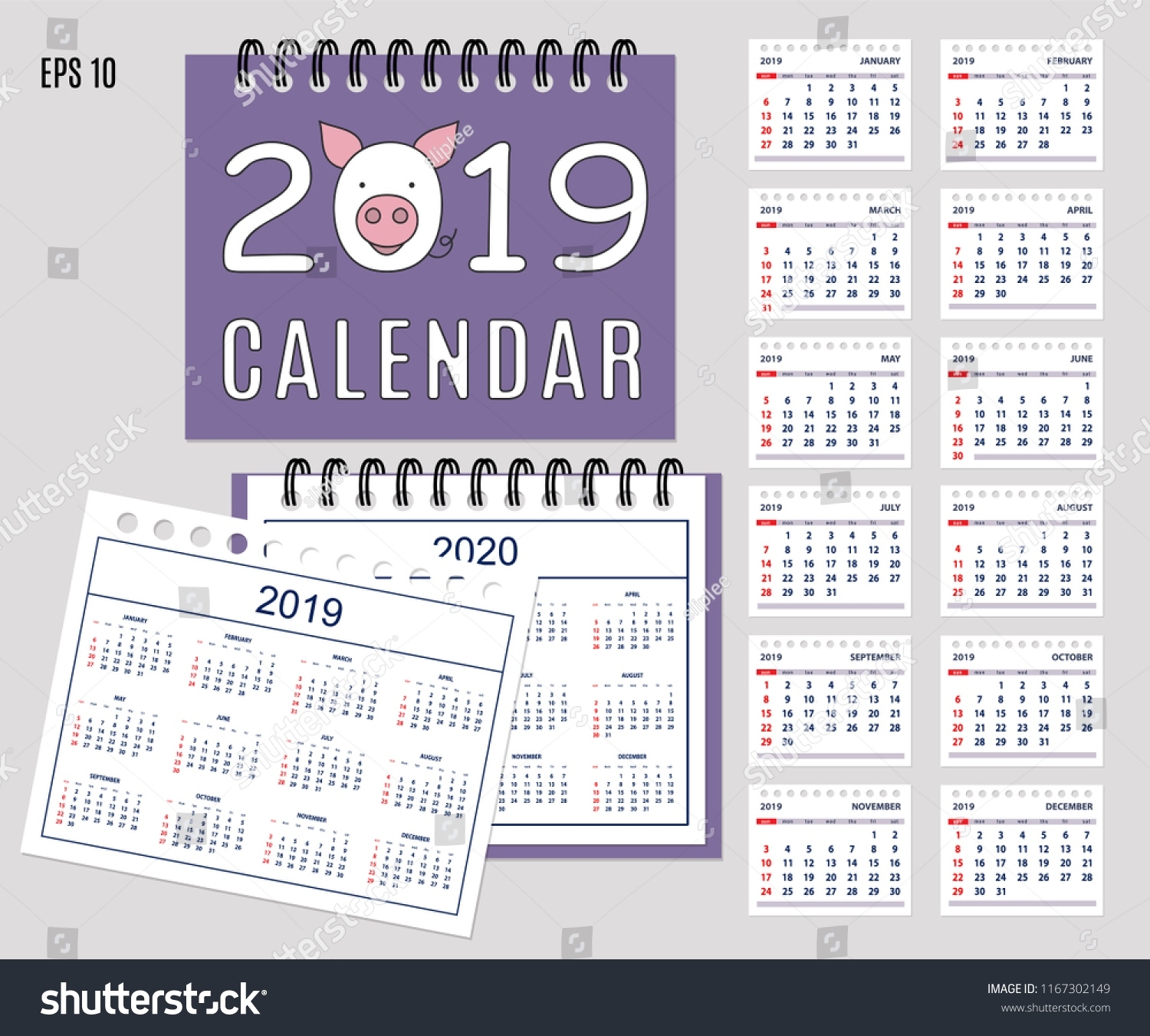 Desk Calendar Year 2019 Cartoon Pig Stock Vector (Royalty Free Calendar Set Month 0