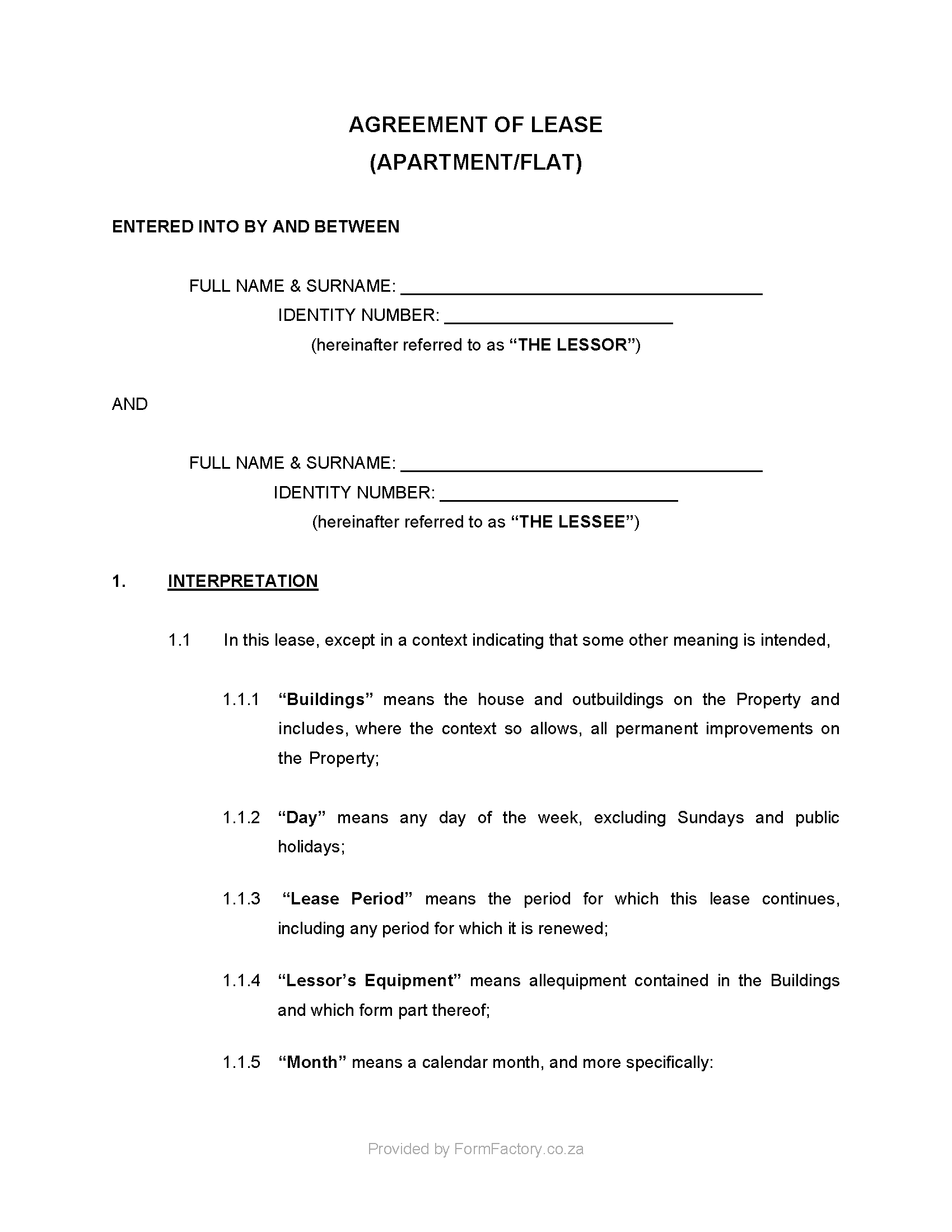 Download Residential Lease Agreement Template - Formfactory Calendar Month Notice Period South Africa