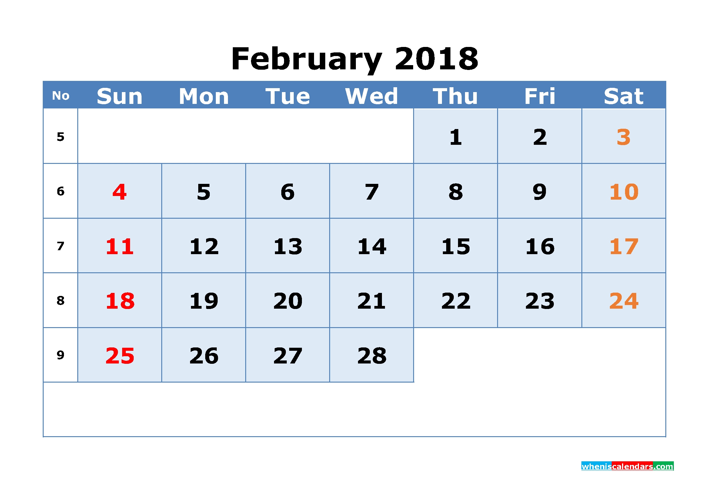 February 2018 Calendar With Week Numbers Printable 1 Month Calendar Calendar Month By Number