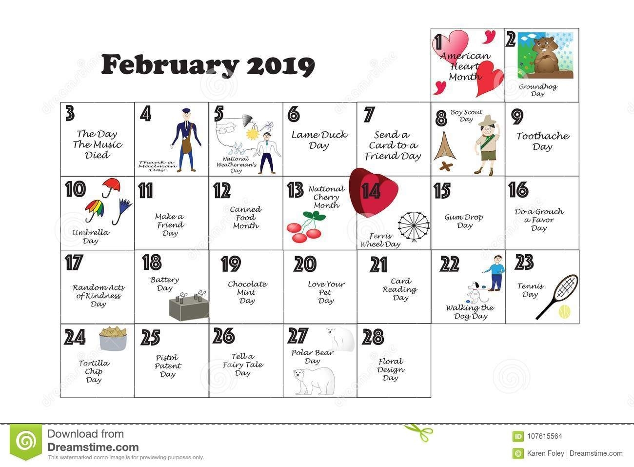 February Quirky Holidays And Unusual Events 2019 Stock Illustration Calendar Holidays And Events