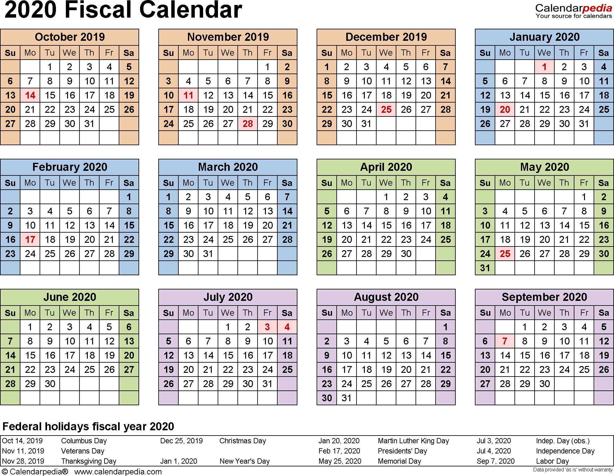 Fiscal Calendars 2020 As Free Printable Pdf Templates 2020 Calendar Year At A Glance