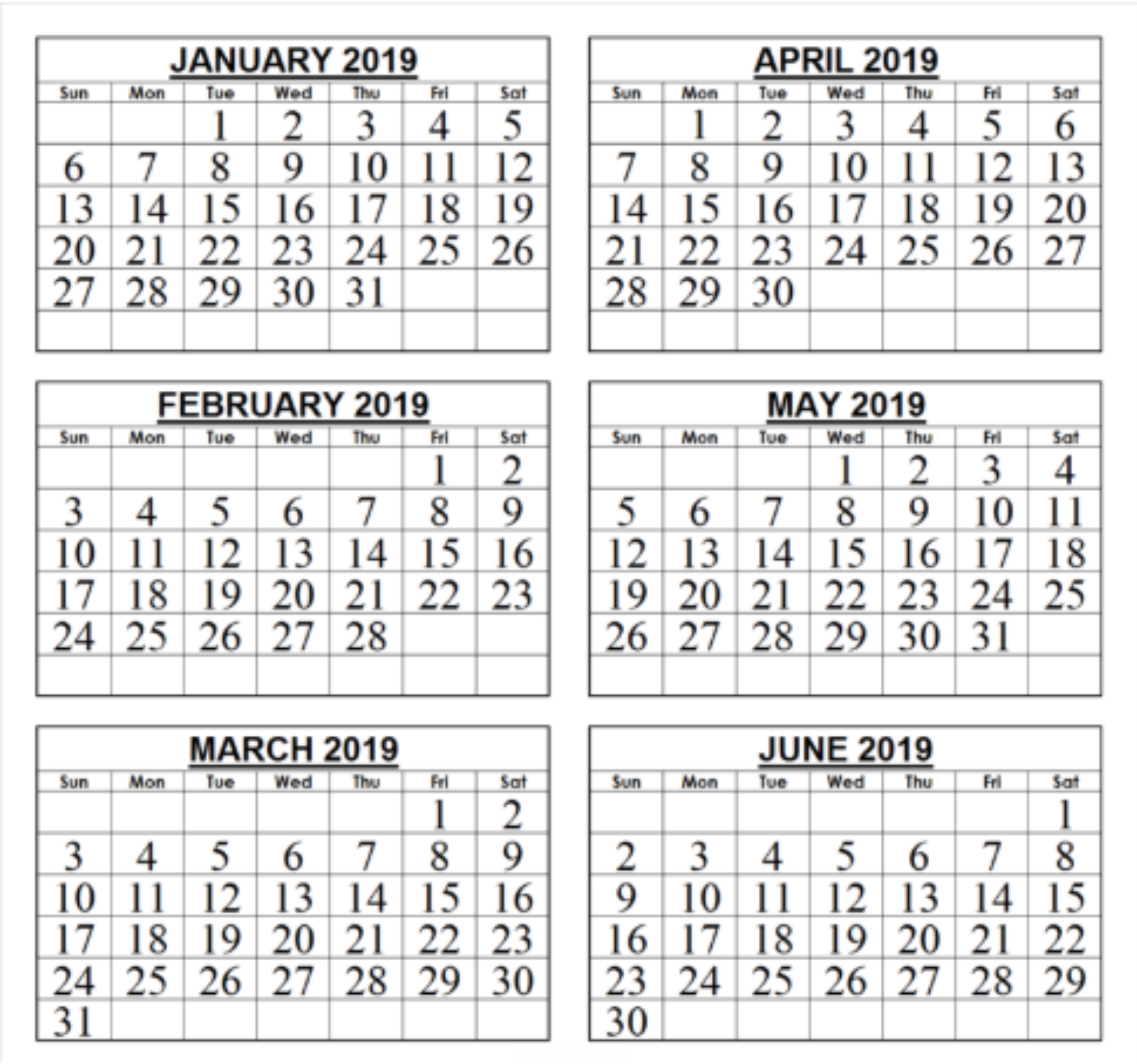 Free 2019 Six Month Blank Printable Calendar Download | December 6 Month Calendar Free Download