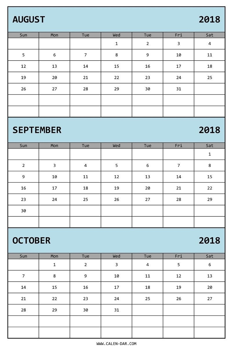 Free August September October 2018 Calendar Template | Free August Print Calendar 3 Months