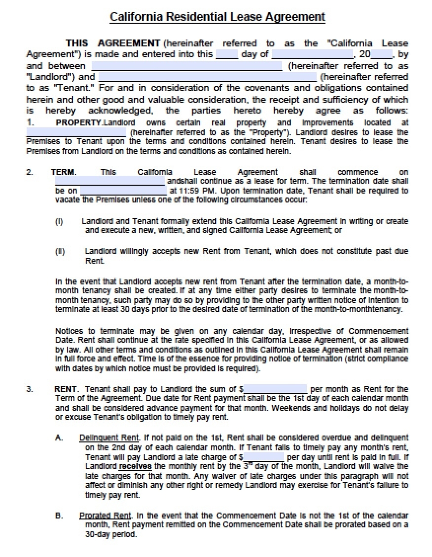 Free California Residential Lease Agreement | Pdf | Word (.doc) Calendar Month Notice Tenancy