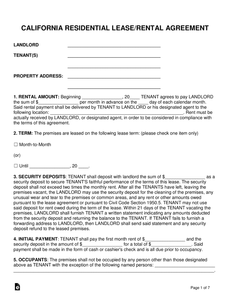Free California Standard Residential Lease Agreement Template - Pdf Per Calendar Month Rent Definition