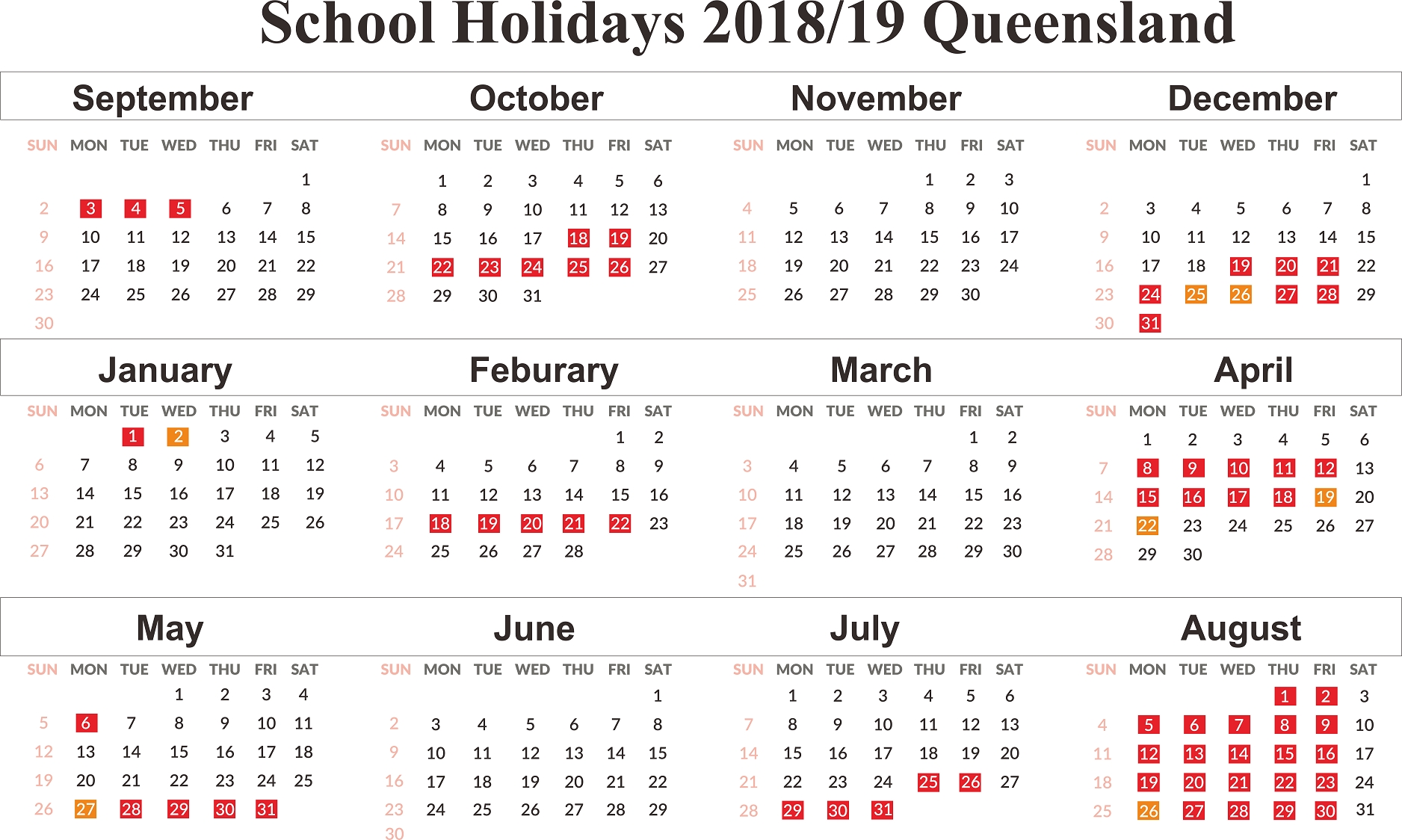 Free Editable School Holidays 2019 Calendar Qld (Queensland Year 12 School Calendar Qld