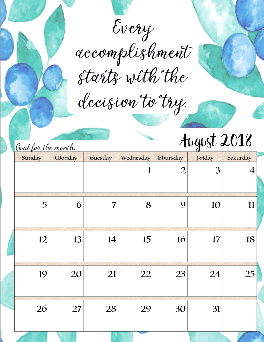 Free Printable 2018 Monthly Motivational Calendars | *stuff Monthly Goal Calendar Template