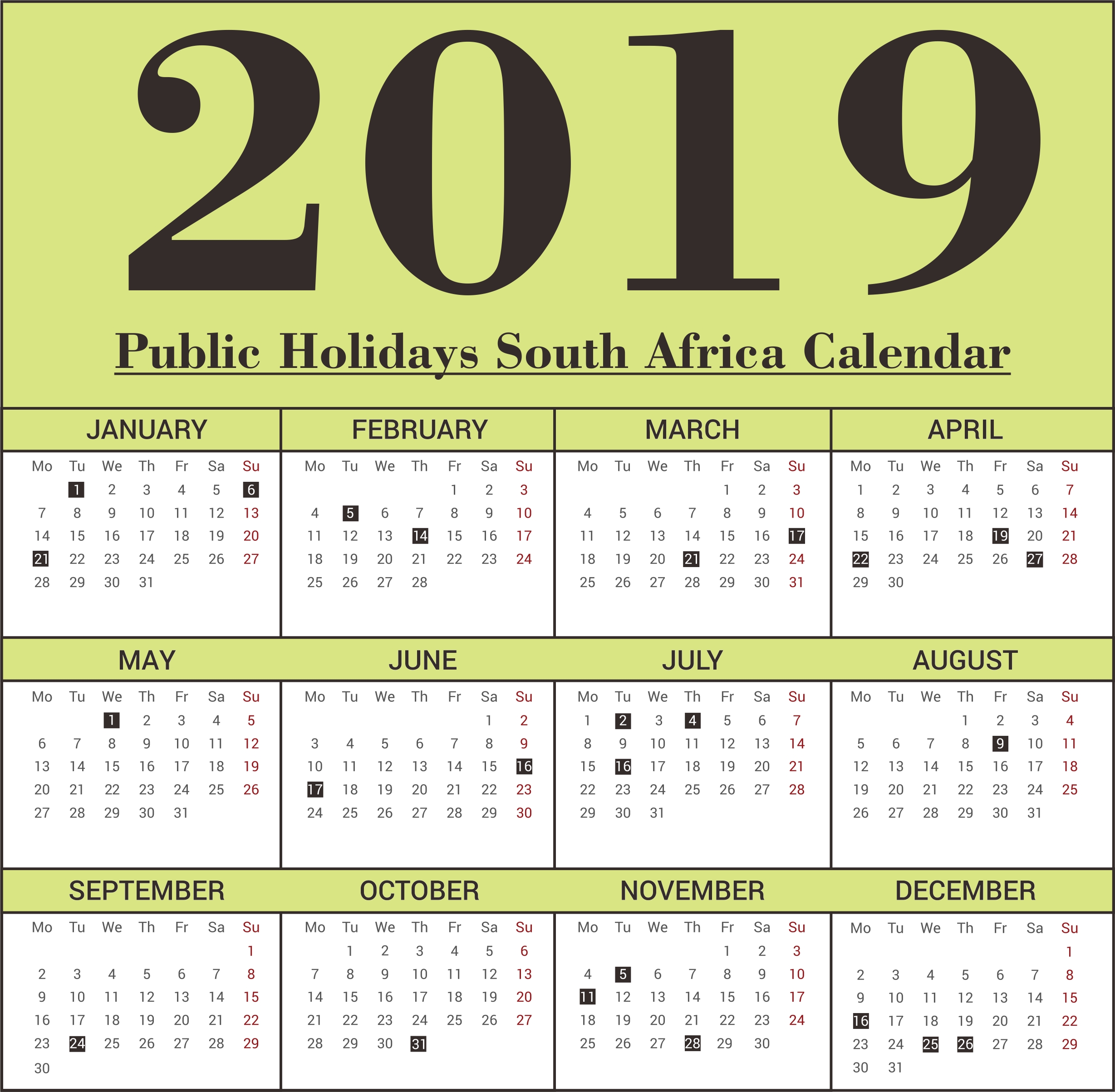 Free Sa (South Africa) Public Holidays 2019 Calendar Templates Calendar Holidays South Africa