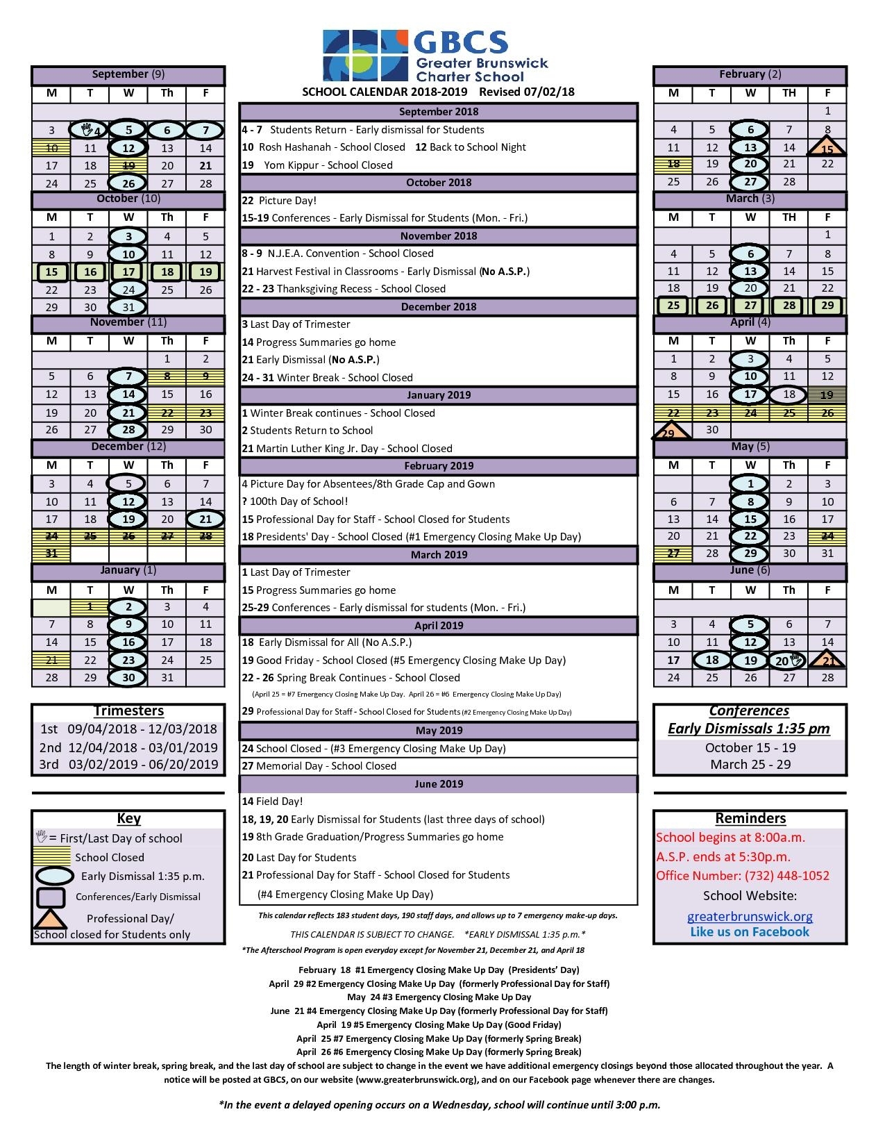 Gbcs 2018-2019 Calendar - Greater Brunswick Charter School Unit 7 School Calendar