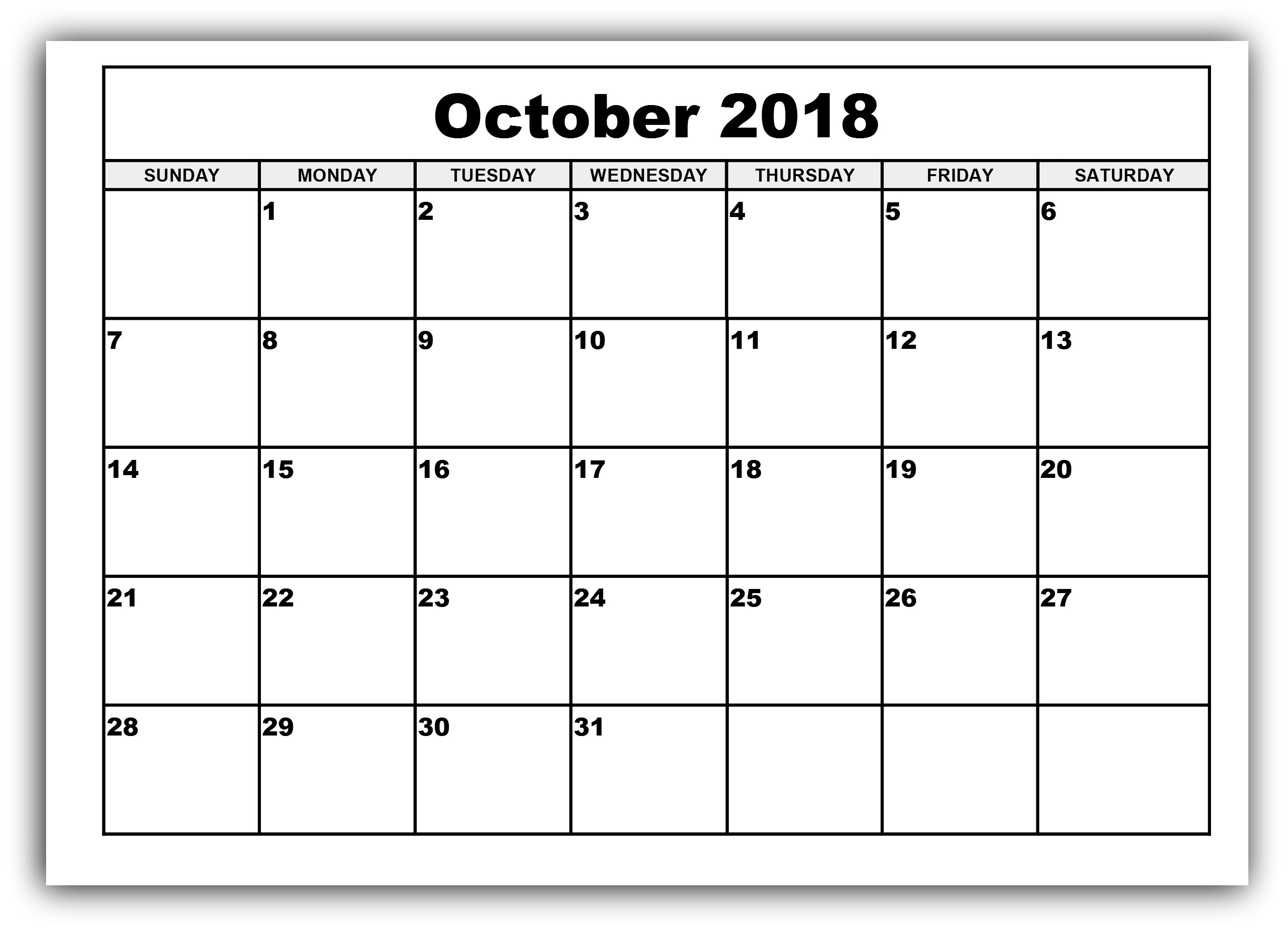 Get October 2018 Blank Printable Calendar Templates | April 2018 Calendar Template Blank Printable