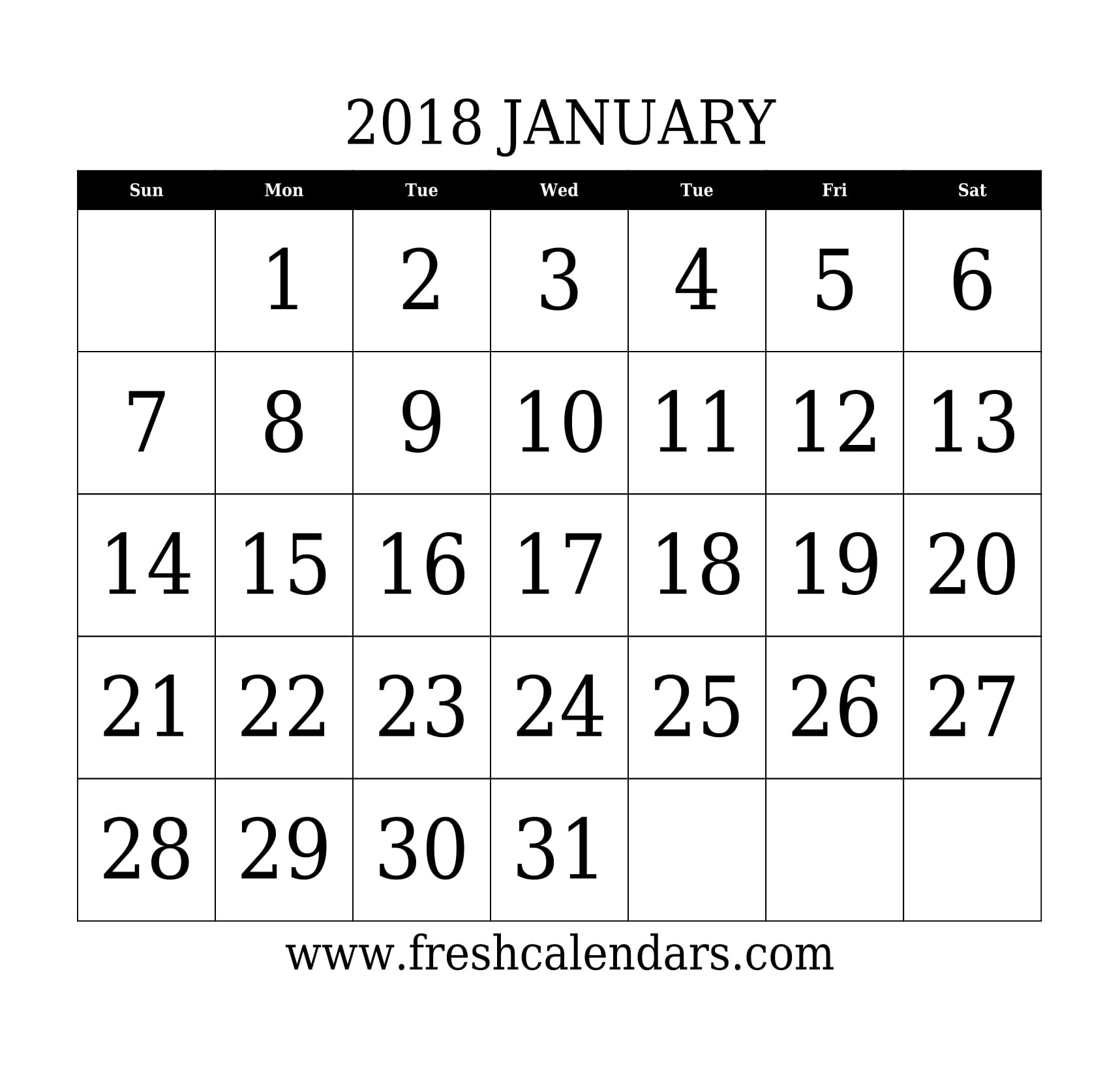 January 2018 Calendar Printable Templates Calendar Month By Number