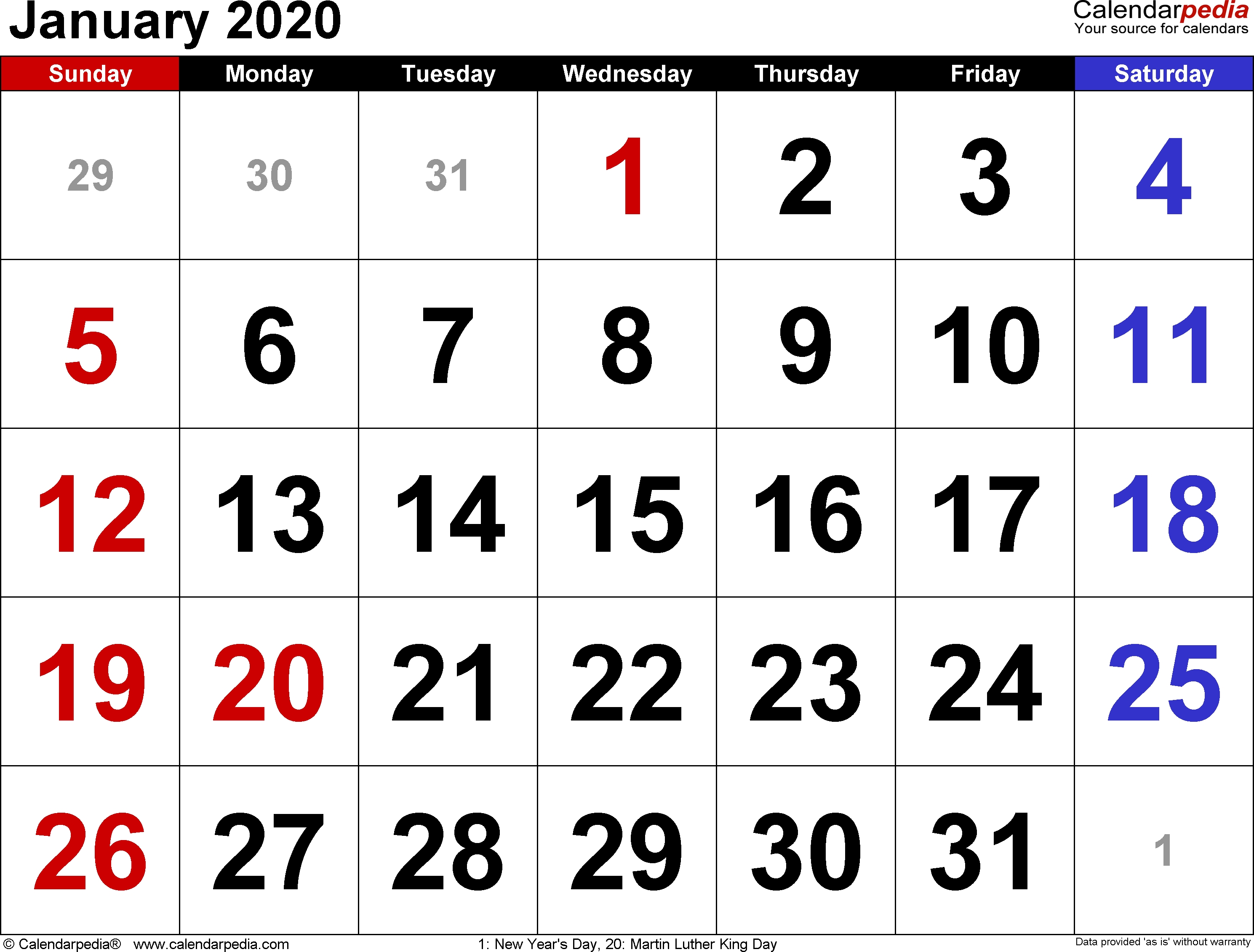 January 2020 Calendars For Word, Excel &amp; Pdf 2020 Calendar For January