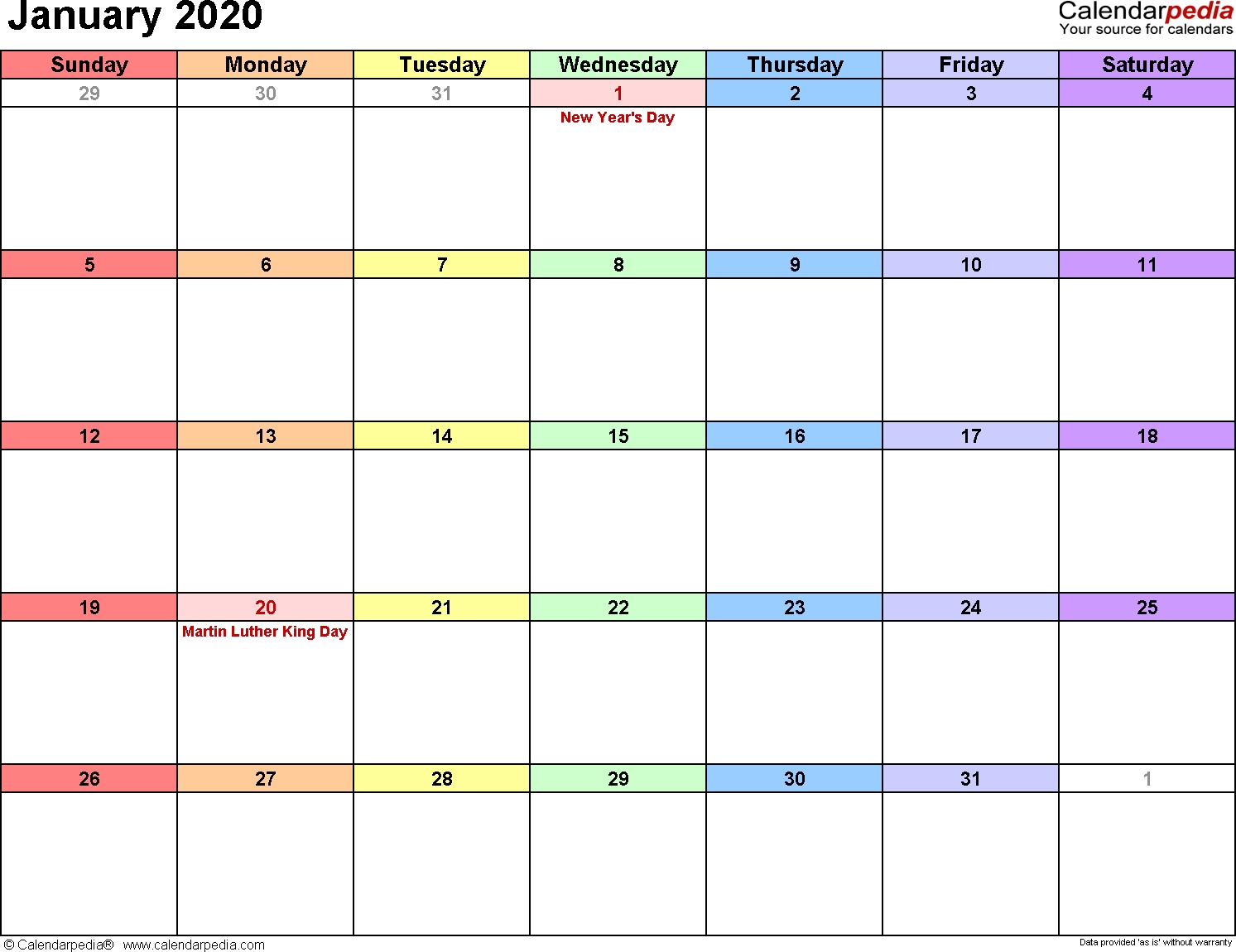 January 2020 Calendars For Word, Excel &amp; Pdf 2020 January Calendar Printable