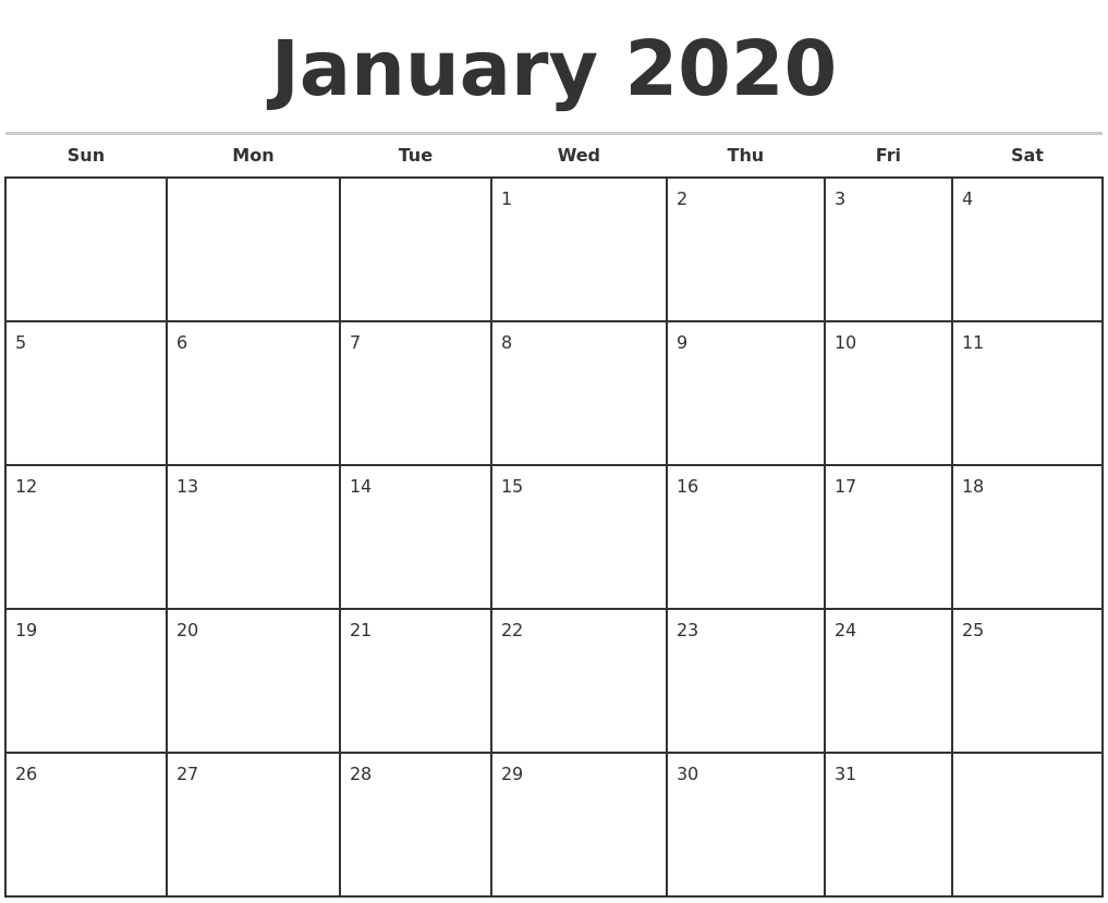 January 2020 Monthly Calendar Template Monthly Calendar January 2020