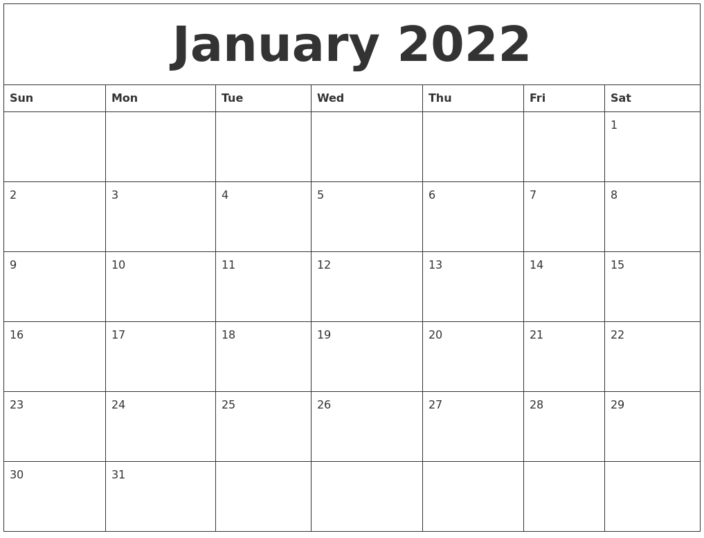 January 2022 Calendar Month Calendar Month Of January