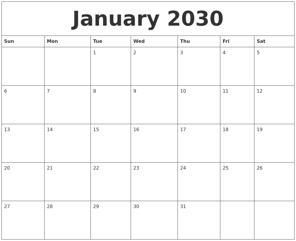 January 2030 Print Online Calendar Calendar Printing Online Free
