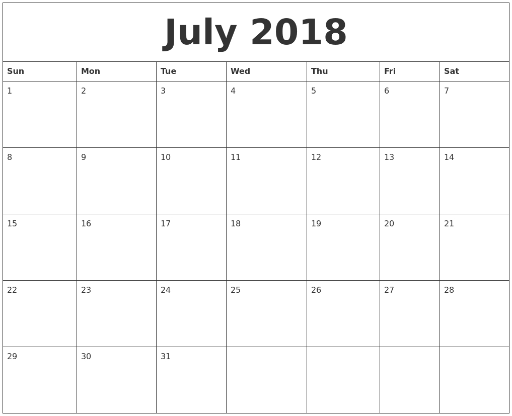 July 2018 Month Calendar Template Calendar By Month Template