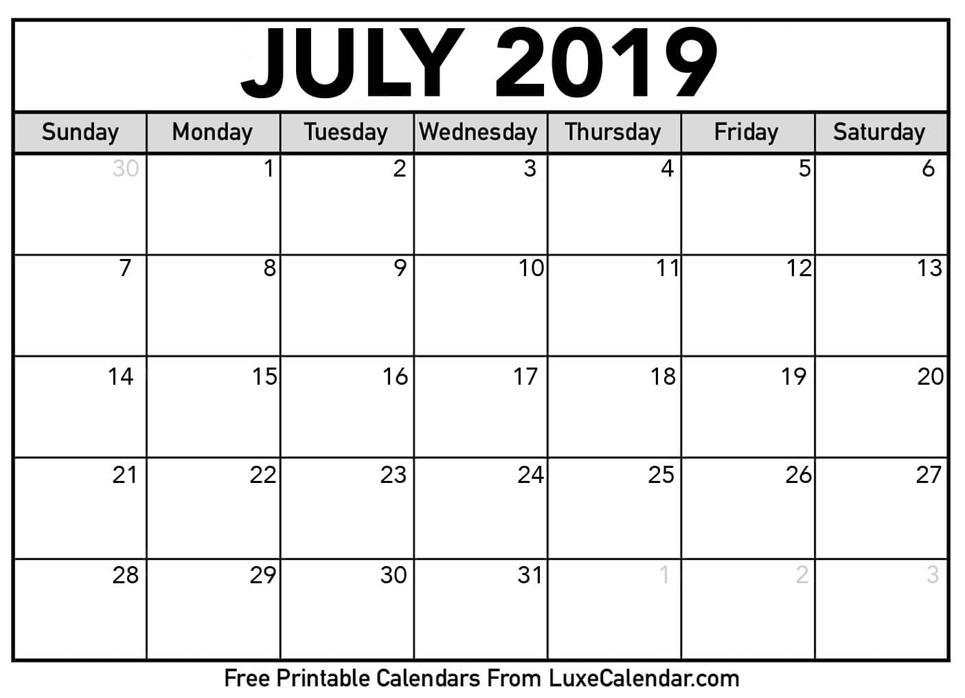 July 2019 Printable Calendars - Luxe Calendar Calendar Month July 1960