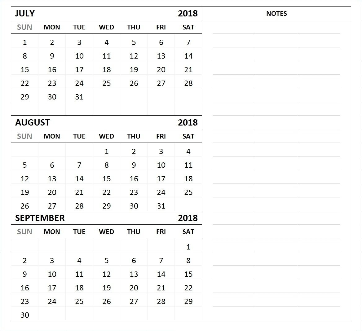 July August September 2018 Calendar Template 3 Month Calendar Remarkable 3 Month Calendar Blank