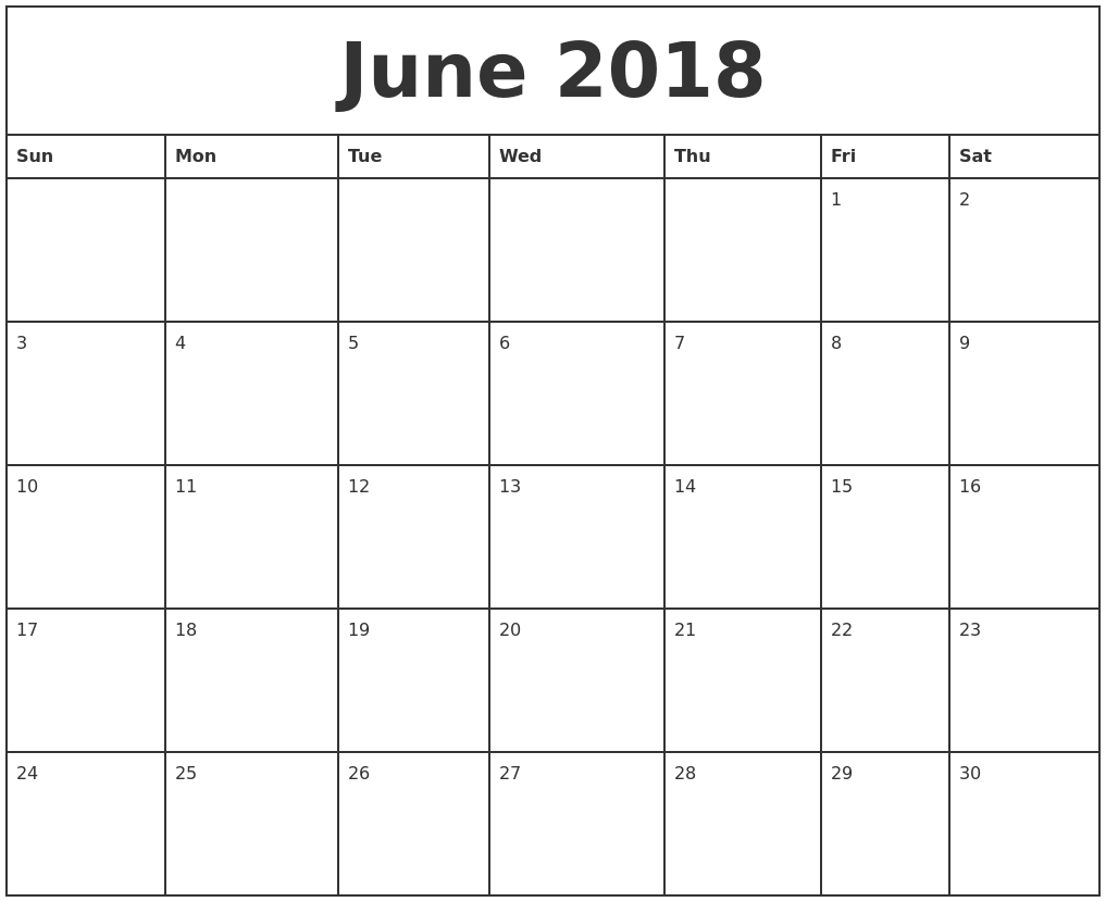 June 2018 Template - Seroton.ponderresearch.co Free Printable Monthly Calendar Uk