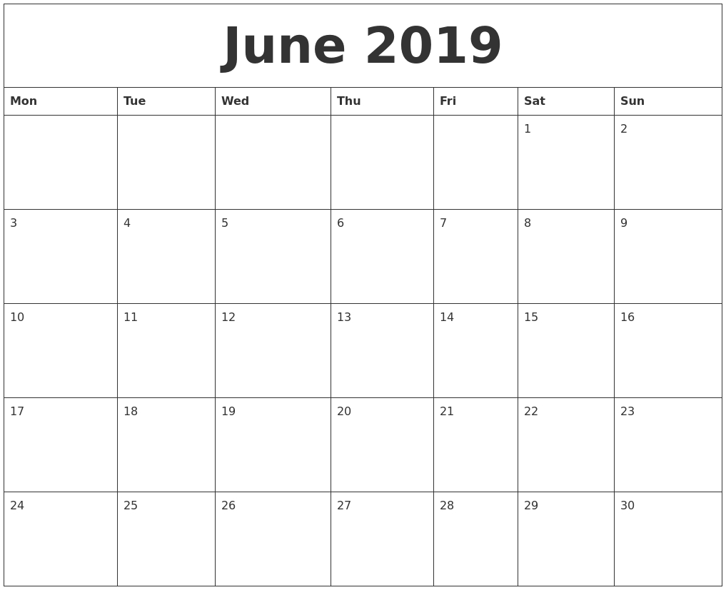 June 2019 Blank Monthly Calendar Template A Blank Monthly Calendar To Print