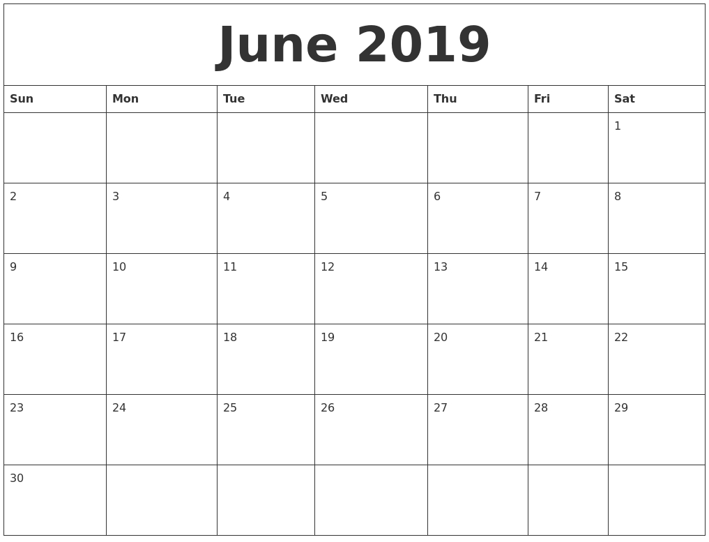 June 2019 Blank Monthly Calendar Template Extraordinary A Blank Monthly Calendar