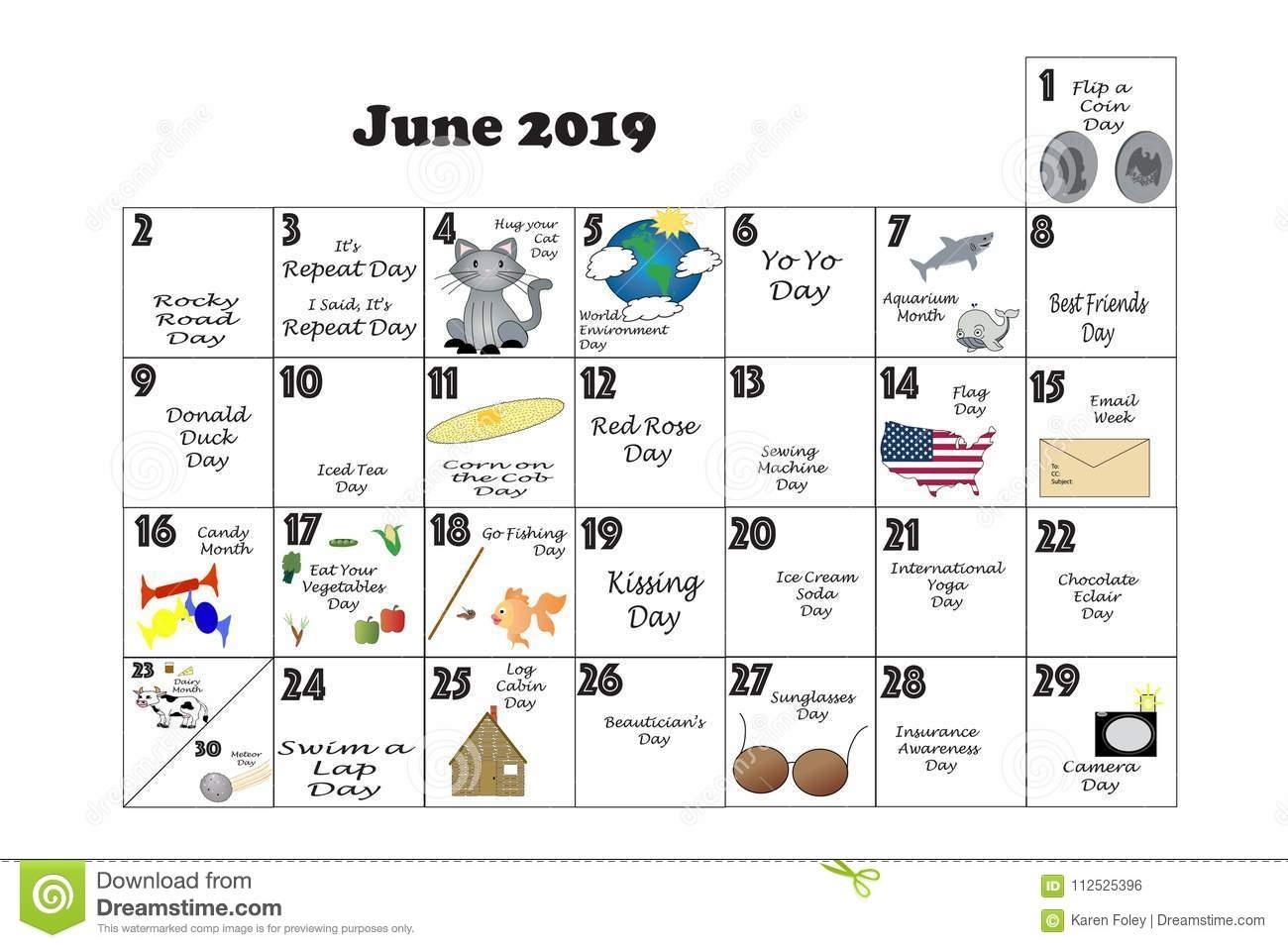 June 2019 Quirky Holidays And Unusual Events Stock Illustration Calendar Of Quirky Holidays