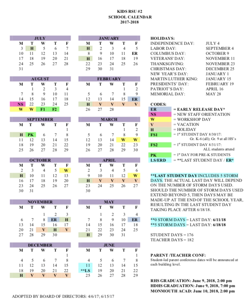 Kennebec Intra-District Schools Regional School Unit #2 Rsu 5 School Calendar