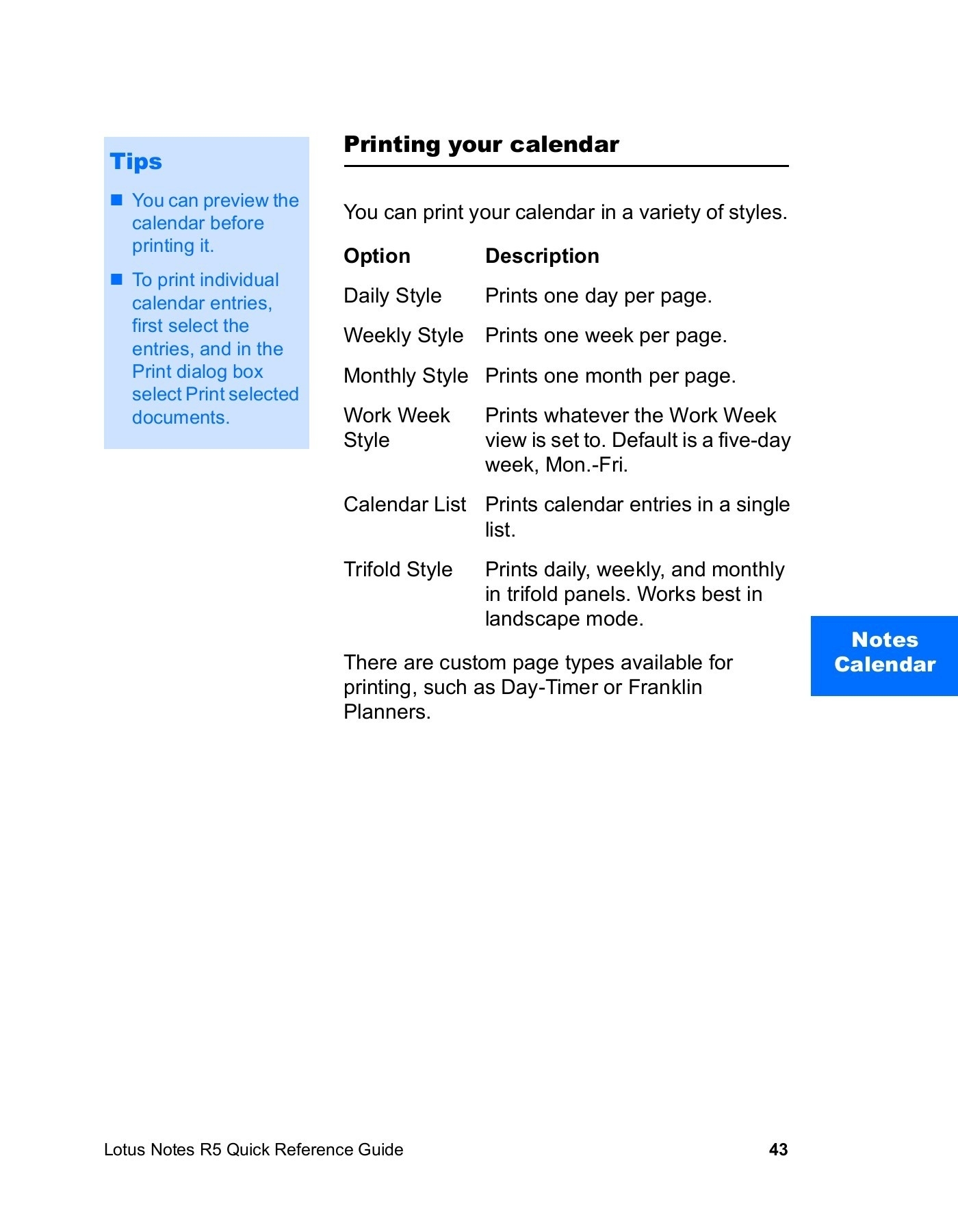 Lotus Notes R5 Quick Reference Guide Pages 51 - 64 - Text Version Calendar Printing In Lotus Notes