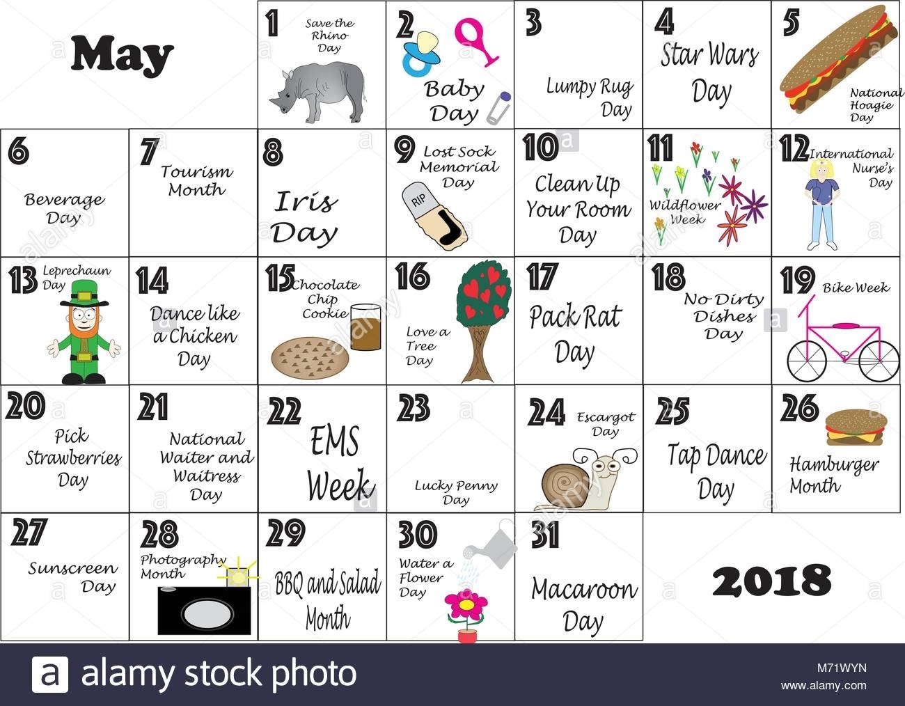 May Monthly Calendar Illustrated And Annotated With Daily Quirky Calendar Of Holidays And Celebrations