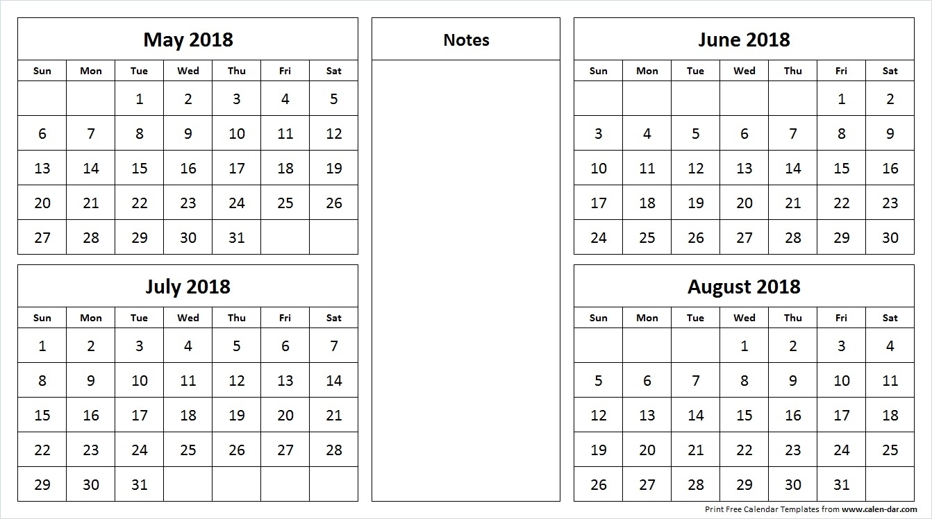 May To August 2018 Calendar - 4 Month Calendar Template Print 4 Month Calendar