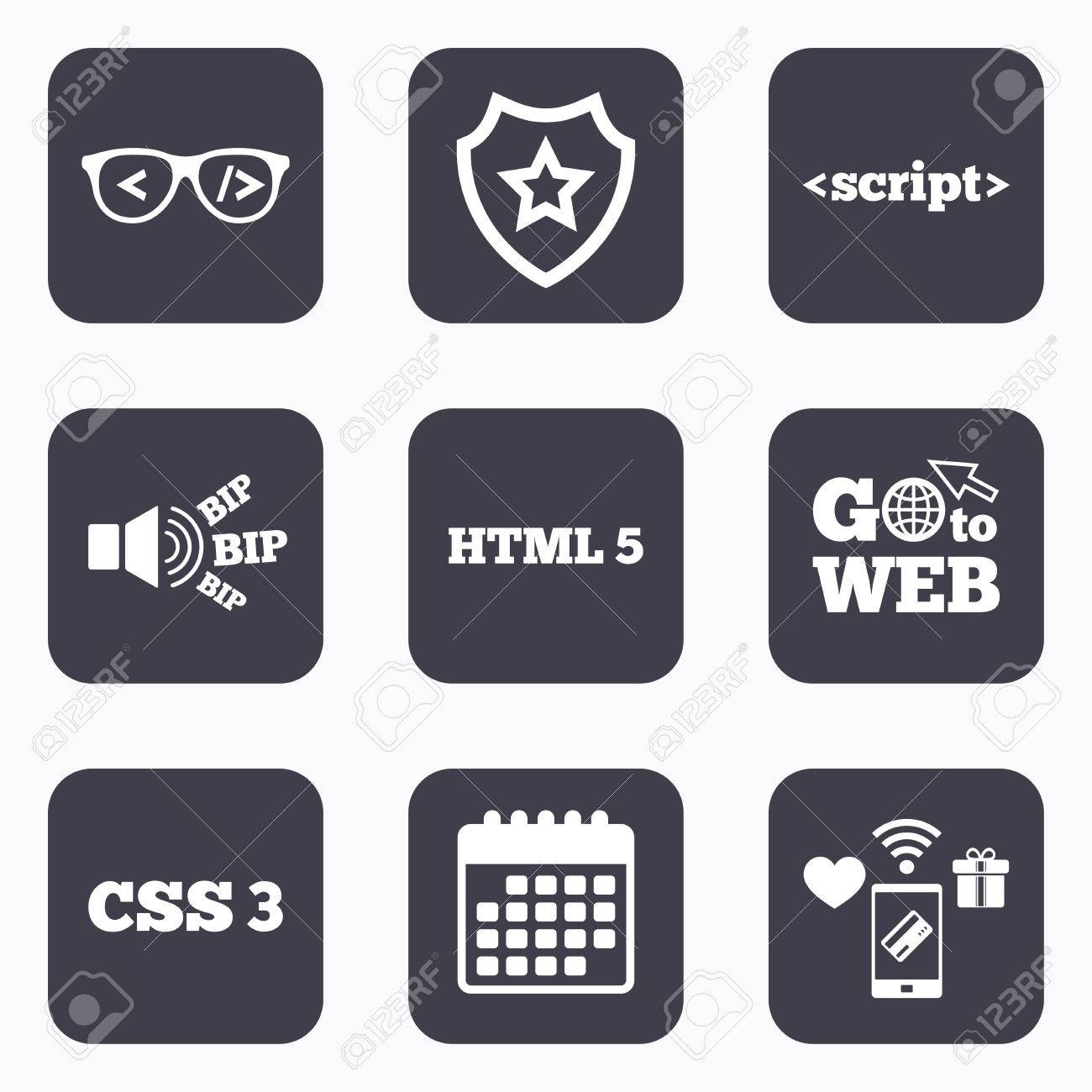 Mobile Payments, Wifi And Calendar Icons. Programmer Coder Glasses Calendar Icon Html Css