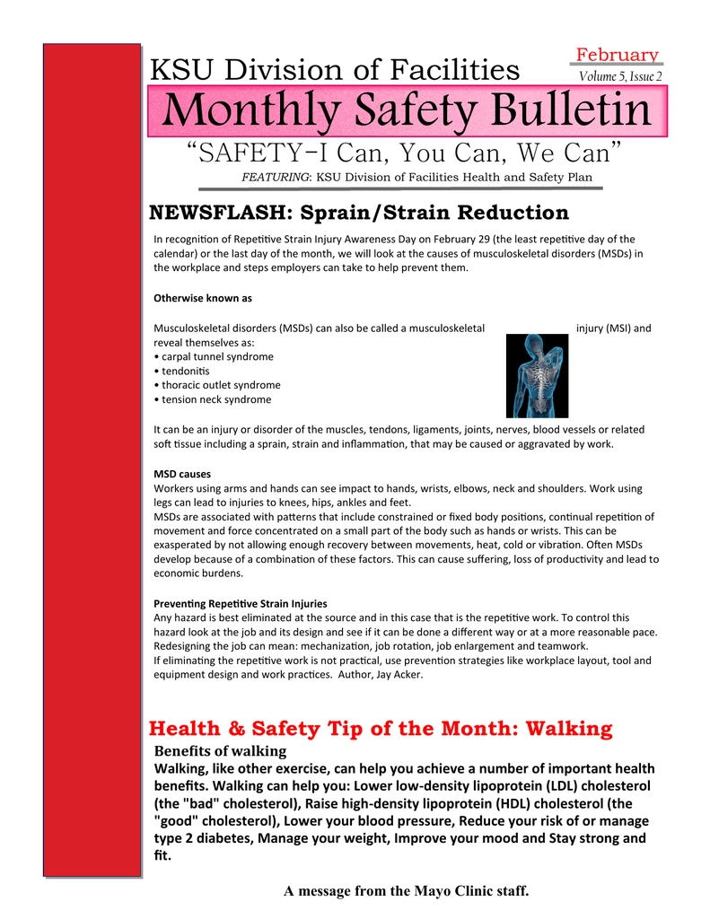 Monthly Safety Bulletin Ksu Division Of Facilities Calendar Of Monthly Causes