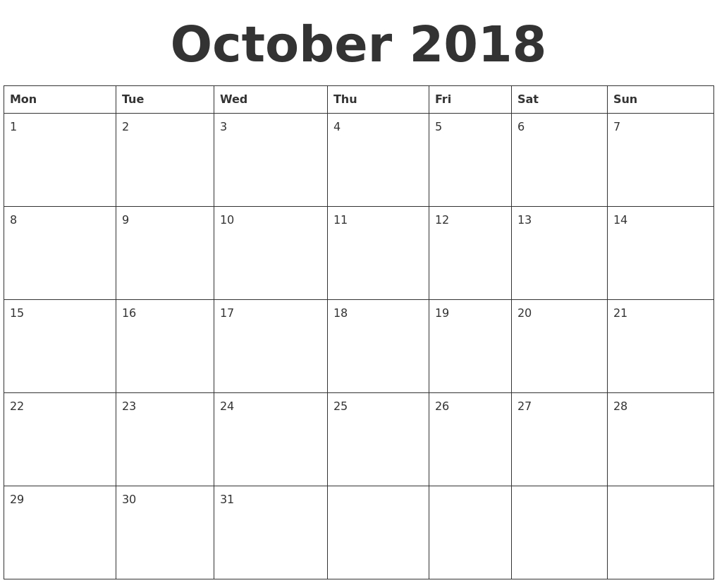 October 2018 Calendar Blank Template | October 2018 Calendar Calendar Month Template Blank