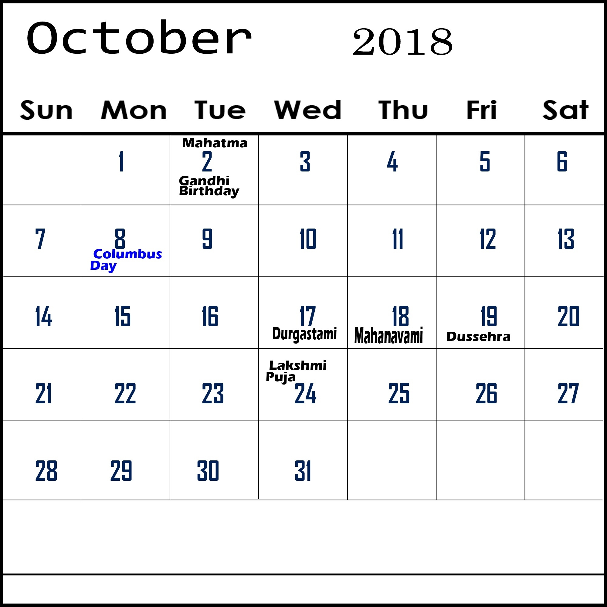 October 2018 Calendar With Holidays For Us, Canada, India, Australia Calendar 1973 Holidays India
