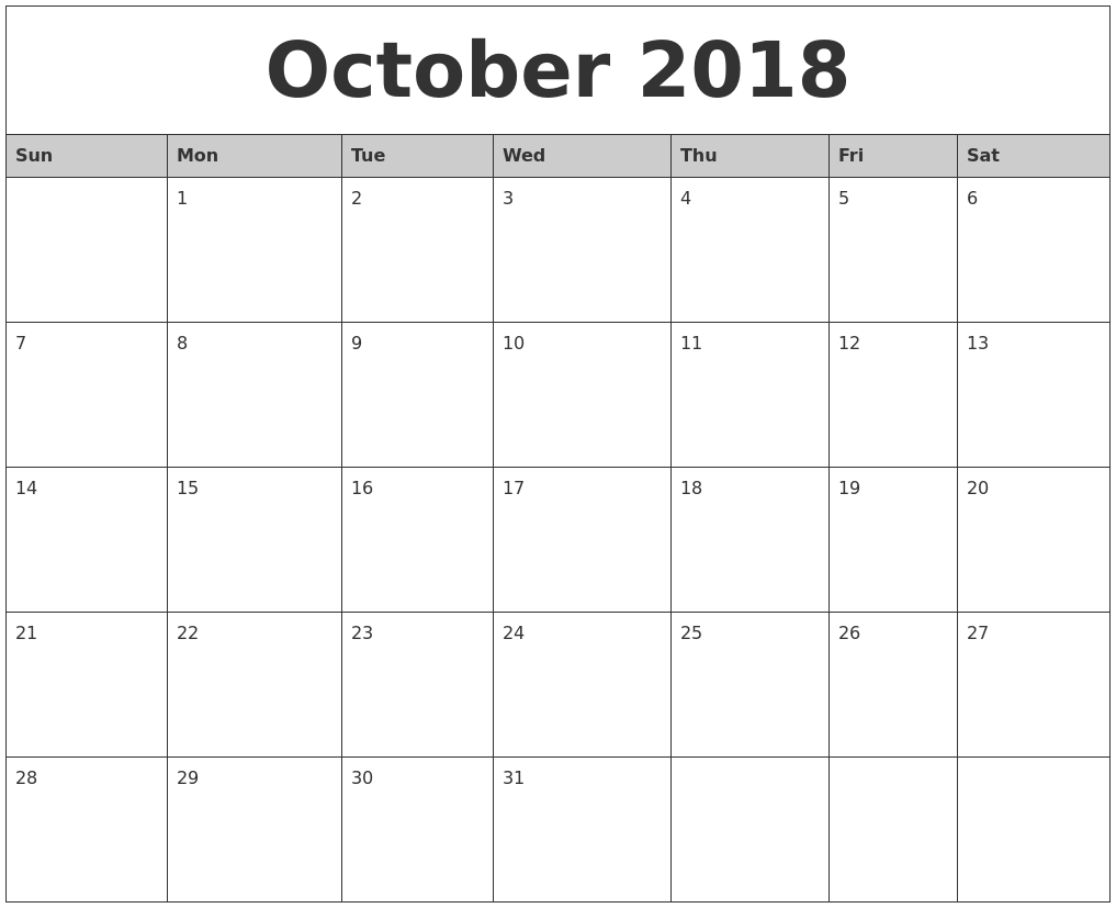 October 2018 Monthly Calendar Printable Monthly Calendar For October