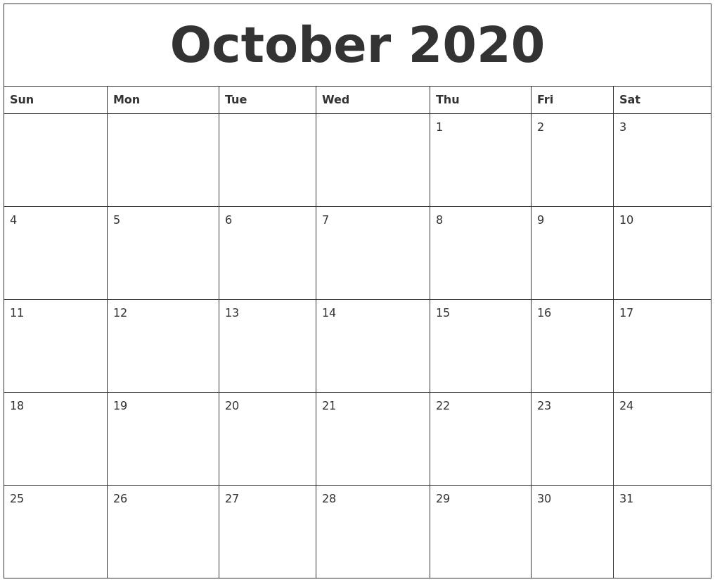 October 2020 Calendar Monthly Dashing 2020 Calendar By Month